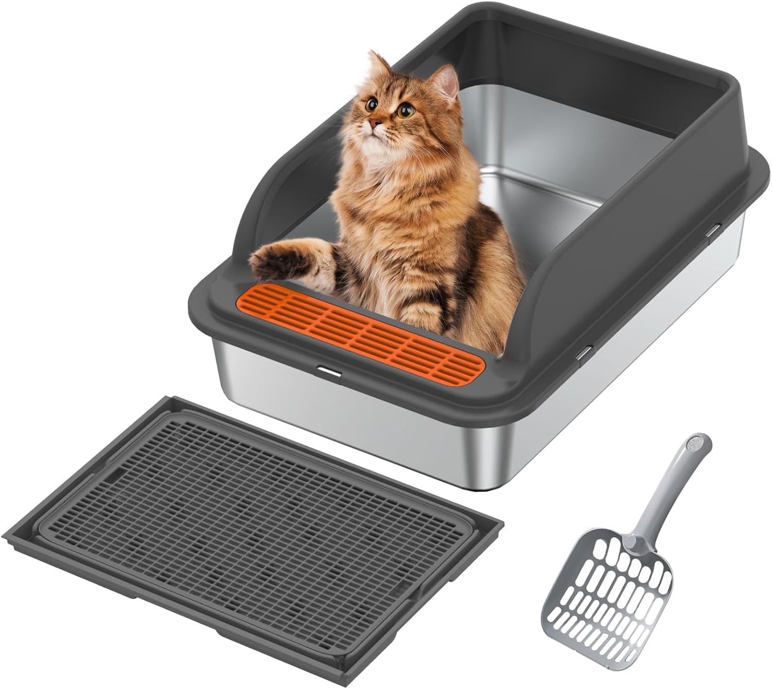 Euakee Lettiera Acciaio Inox, 50x35x25 cm Lettiera Gatto Acciaio Inox, Semi-chiusa Con Bordo Alto Rimovibile Tappetino Lettiera Una Facile Pulizia Design Anti-schizzi Perfetta per Maggior Parte Gatti