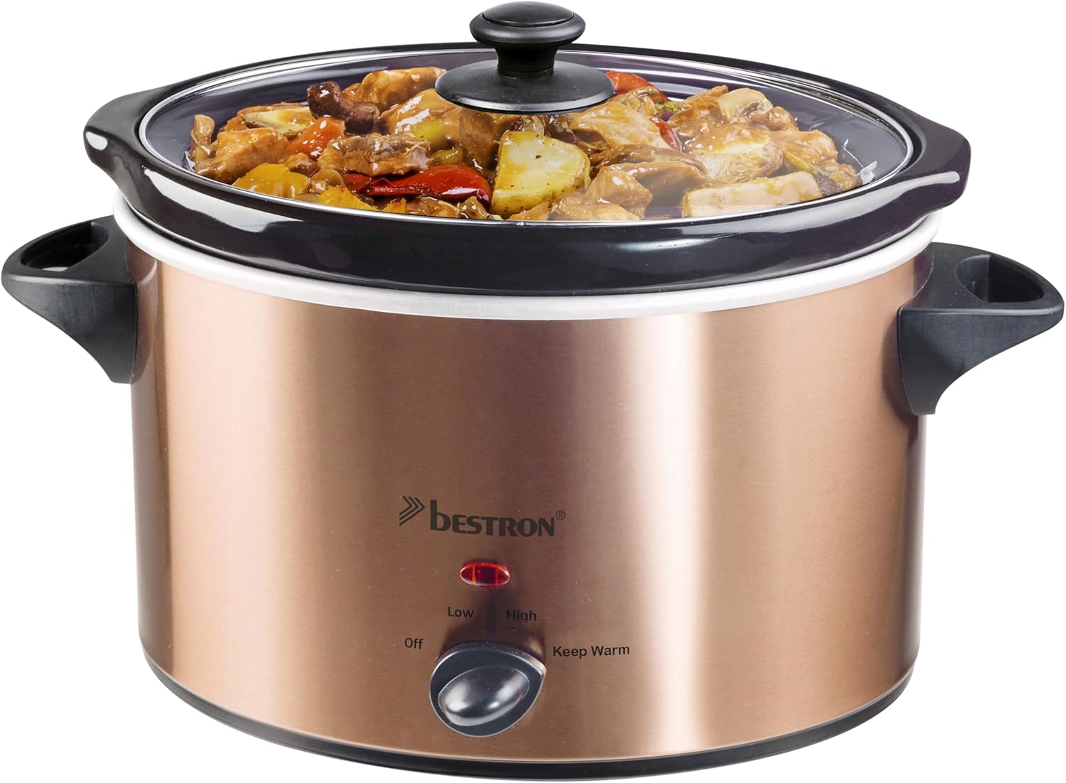 Bestron 4 Person Slowcooker with Ceramic Frying Pan and Glass Lid, 3 Tier Thermostat Ideal for Many Dishes such as Meat, Soups and Vegetables, 3.5 Litres, Copper Collection