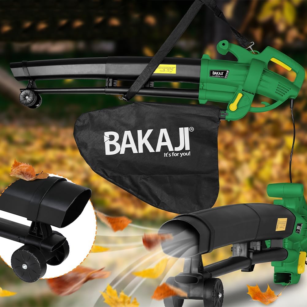 BAKAJI Electric Garden Vacuum Cleaner 3 in 1 Vacuum Cleaner Shredder and Blower Leaves Power 3000 W with Collection Tank 45 Litres Wheels and Shoulder Strap for Maintenance Outdoor Spaces