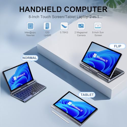 Mini computer portatile 2 in 1 da 8 pollici, con schermo tattile HD, Windows 11 Pro, piccolo computer portatile per affari e studenti, Intel N100 12 GB LPDDR5 1 TB M.2 SSD, Wi Fi 6, fotocamera BT5.2 : Informatica