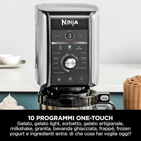 Ninja CREAMi Gelatiera Deluxe con 2 Vasetti, 10 Funzioni, Produce Gelato, Sorbetti, Yogurt, Frullati, Granite e altro ancora, Formato Famiglia, Opzione 2 Gusti in 1 Vaschetta, Argento, NC502EU