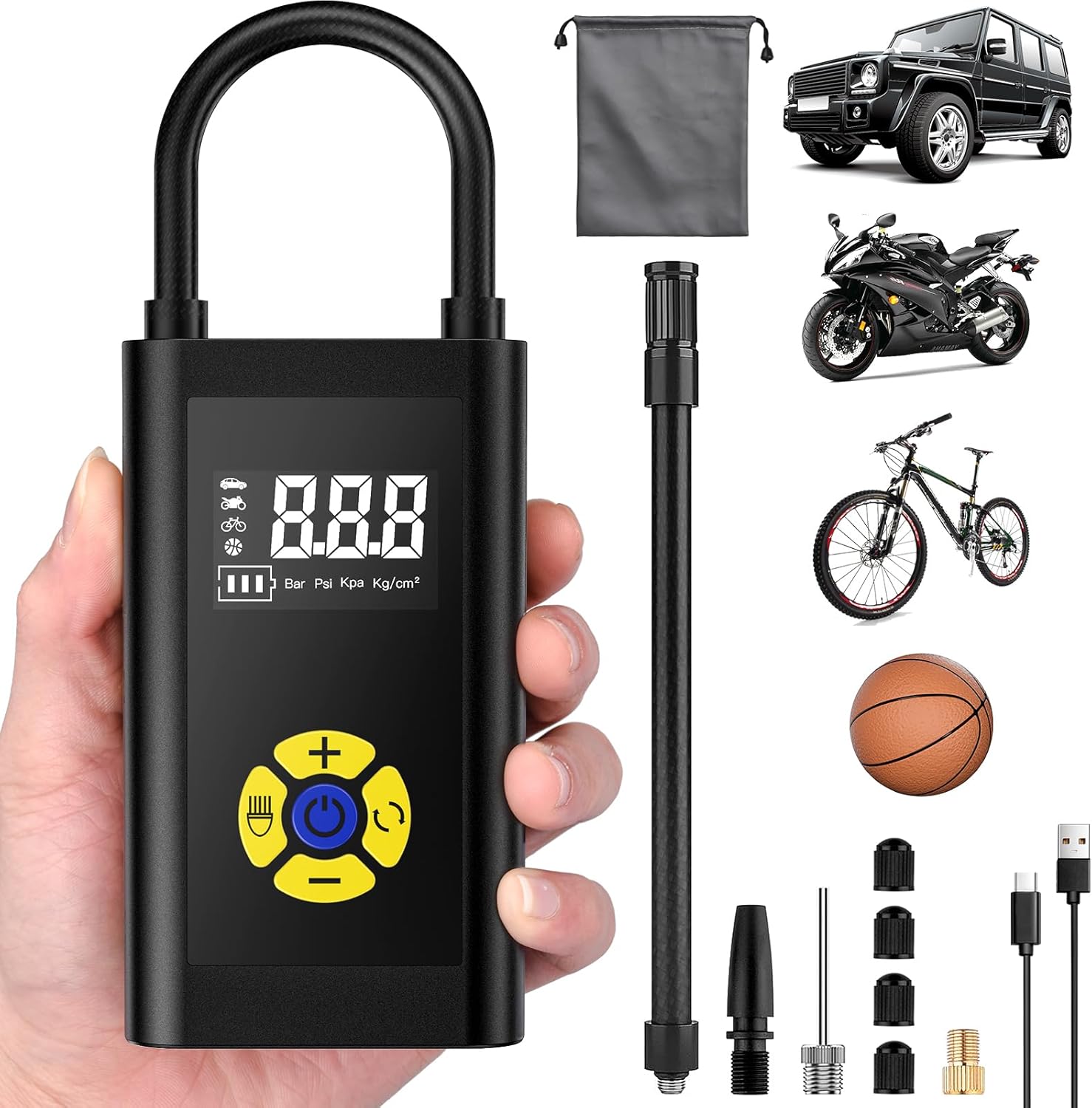 Sunlary Portable Air Pump, Mini Rechargeable Air Compressor USB/LED Max 150PSI, Electric Pump for Bicycle, Car, Motorcycle, Ball