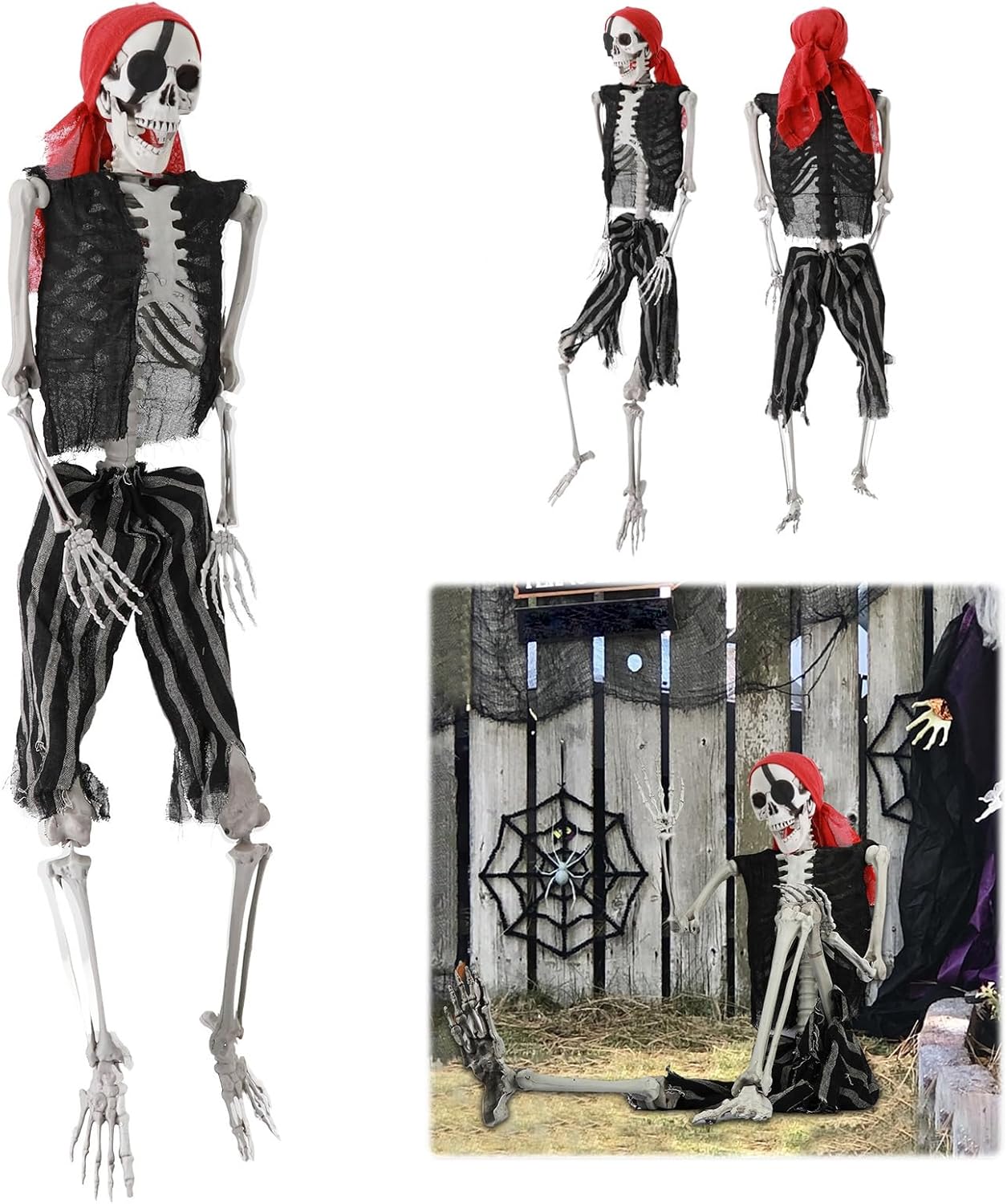 tinysiry Scheletro di Halloween a grandezza naturale, 165 cm, decorazione realistica con ossa umane, scheletro pirata articolato a corpo intero, scheletro in plastica per esterni con giunti mobili e
