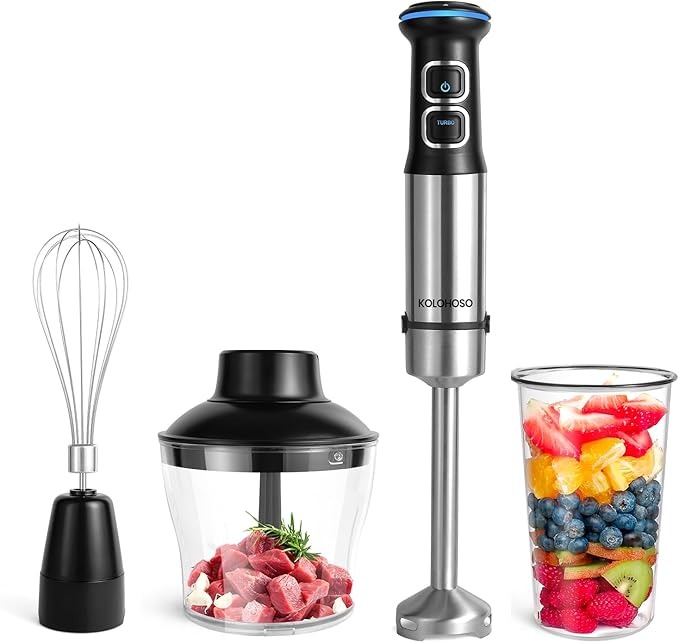 1500W Frullatore a Immersione, Kolohoso 4 in 1 Minipimer in Acciaio Inox, Multifunzione Mixer Immersione 21 Velocità Regolabili, Frullatore con Frusta, 800ml Misurino un 600ml Tritatutto, senza BPA