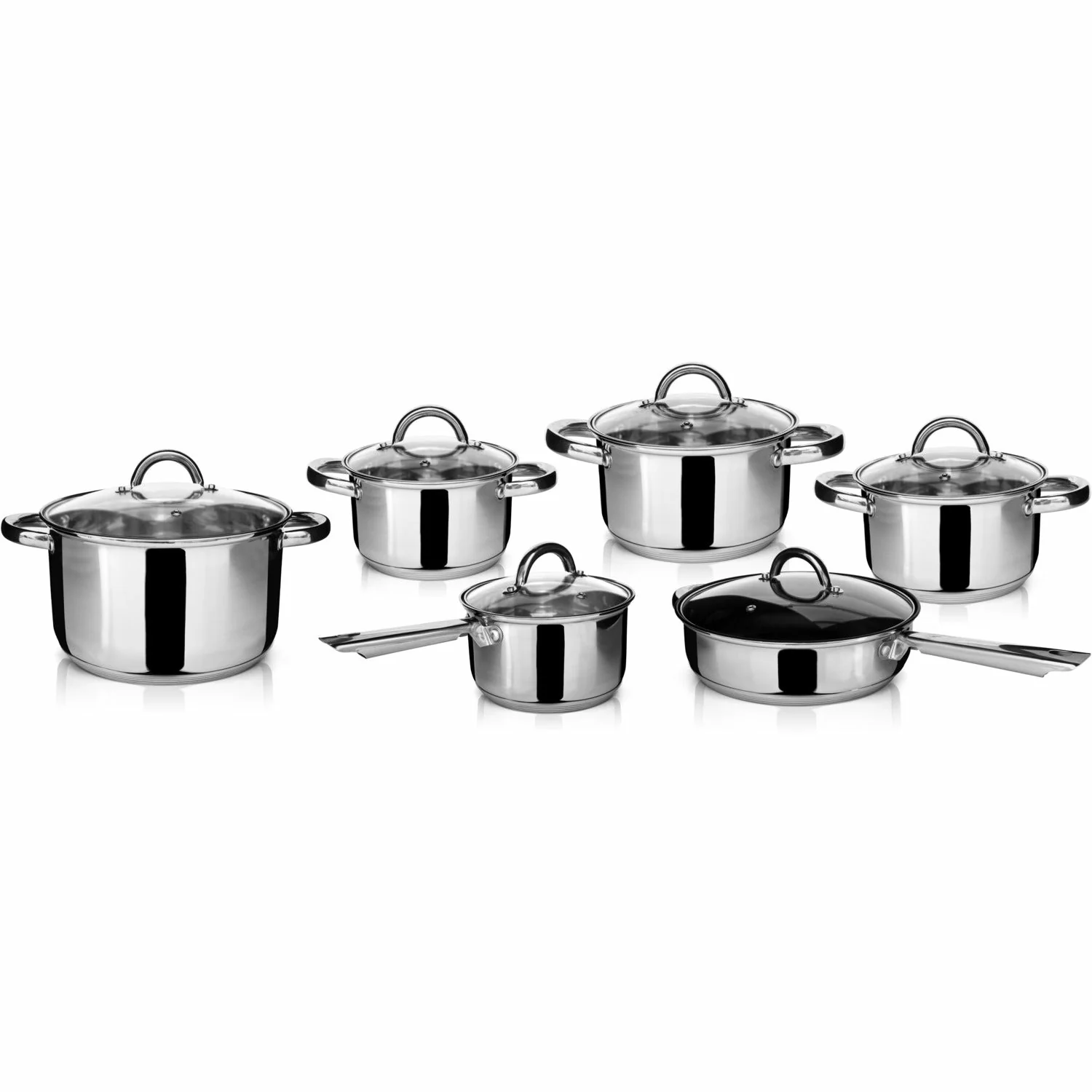 Batteria di pentole in acciaio con coperchi in vetro - set 12 pezzi