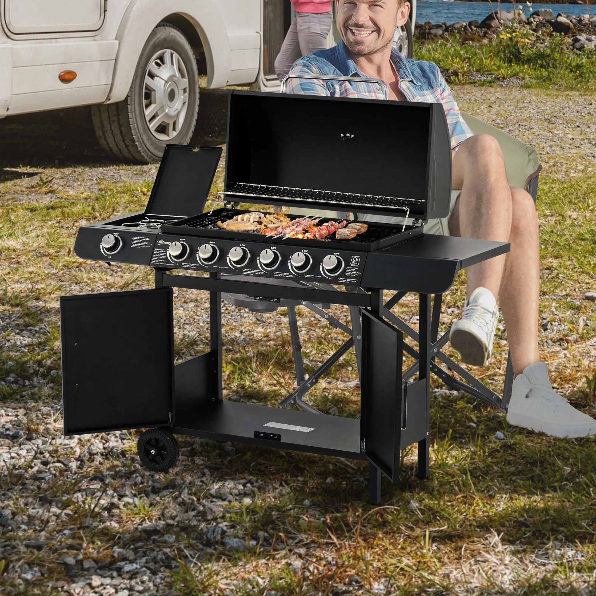 Easycomfort Barbecue a Gas con Coperchio, 7 Bruciatori da 20kW, Fornello Laterale, 2 Ruote – 135x50x100 cm, Nero