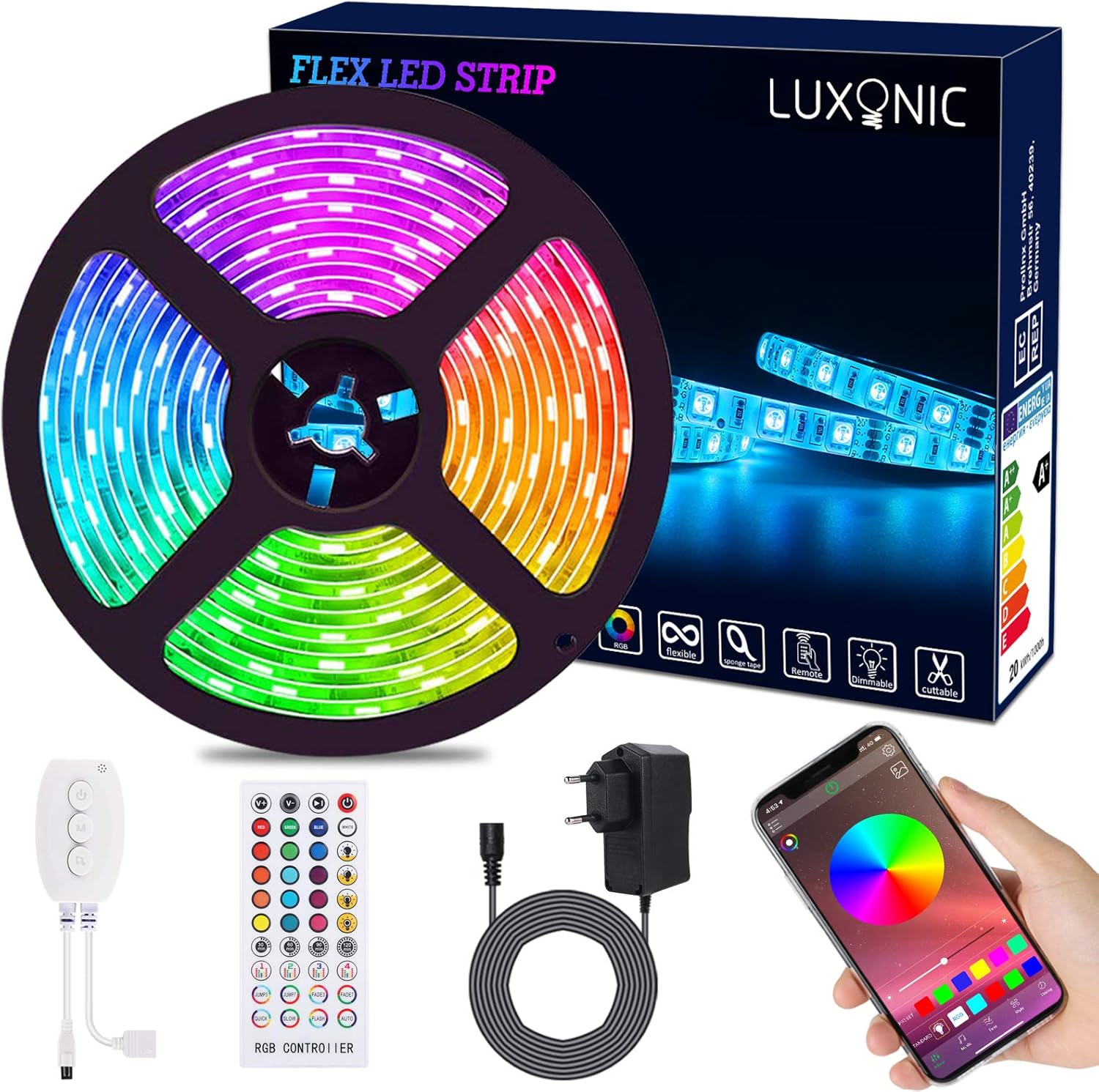 LUXONIC Impermeabile Striscia LED 10m(2X5M), 60 LED/m, 600 LED Super Luminoso, 24V 5050 RGB Esterna Flessibile Luci LED Colorate, APP e Telecomando, Sincronizzazione Musicale, per Cucina, Feste, Bar