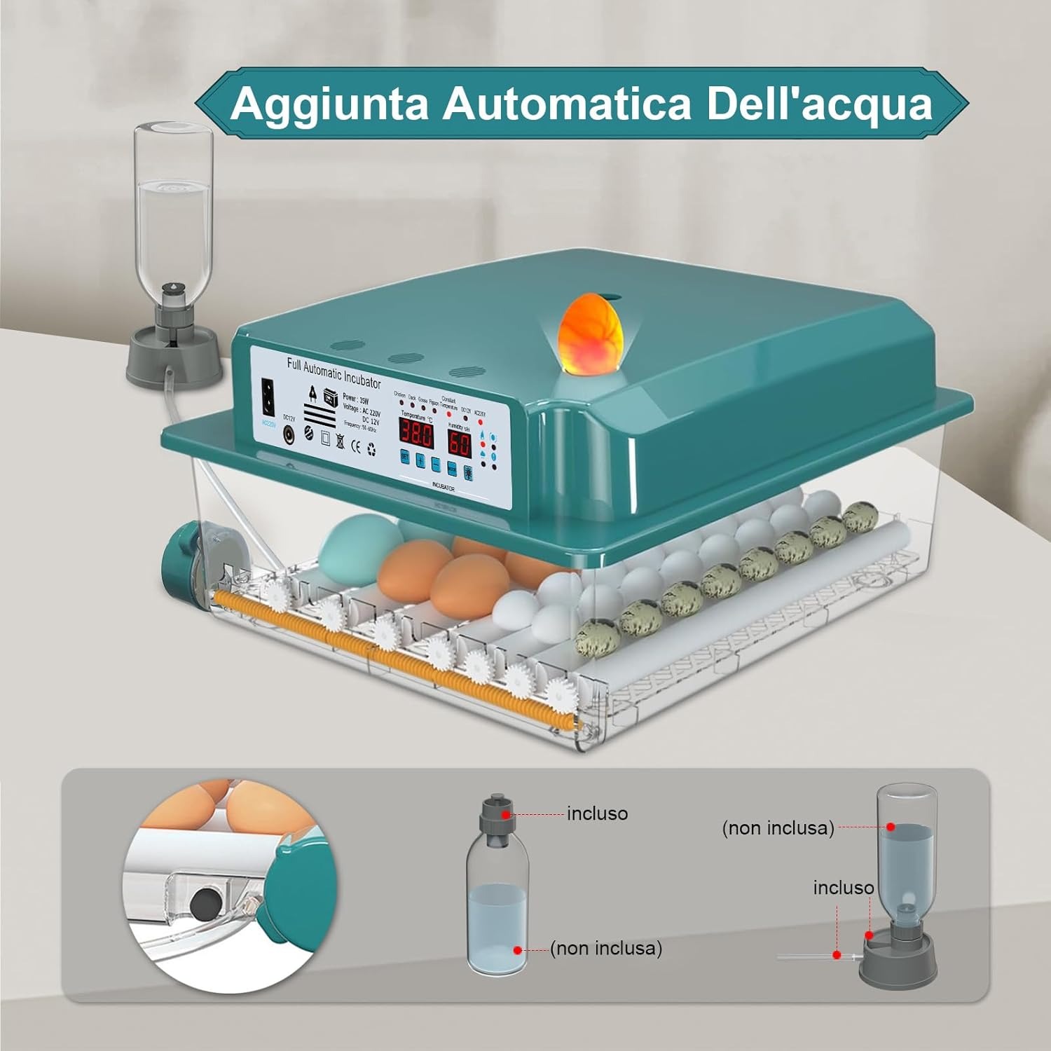 CoInceptus Incubatrice per Uova Automatica, Incubatrice da 24-36 Uova con Tornitura Automatica delle Uova e Umidificazione Automatica, Incubatrice per Uova di Gallina, Quaglia, Anatra