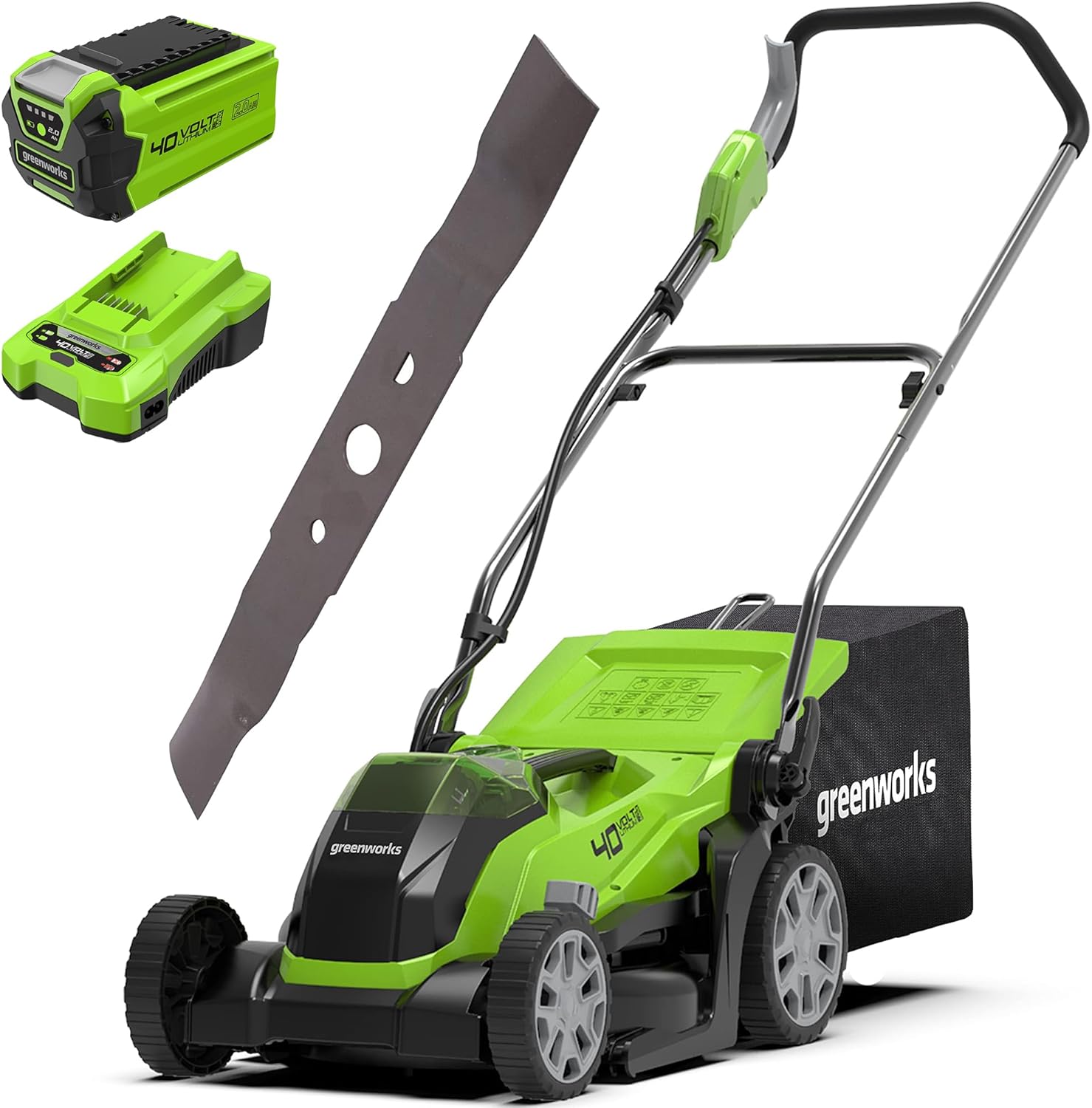 Greenworks 40V Tagliaerba a Batteria per Prati Fino a 400m2, Ampiezza di Taglio 35cm, Sacca da 40L CON Due Batterie 40V 2Ah e 1 Caricabatterie, Garanzia 3 Anni-G40LM35K2X