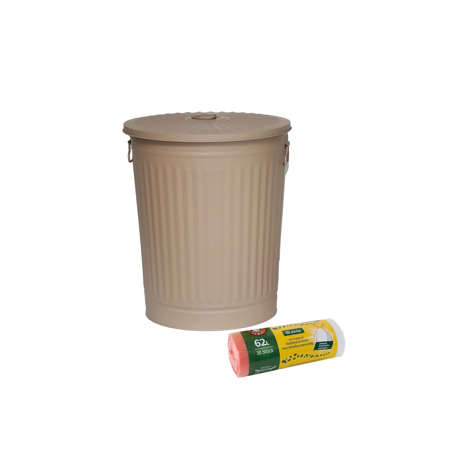 Jinfa Set da 2 Bidoni in metallo con manici e coperchio + 30 sacchetti per pattumiera | Beige | 62L