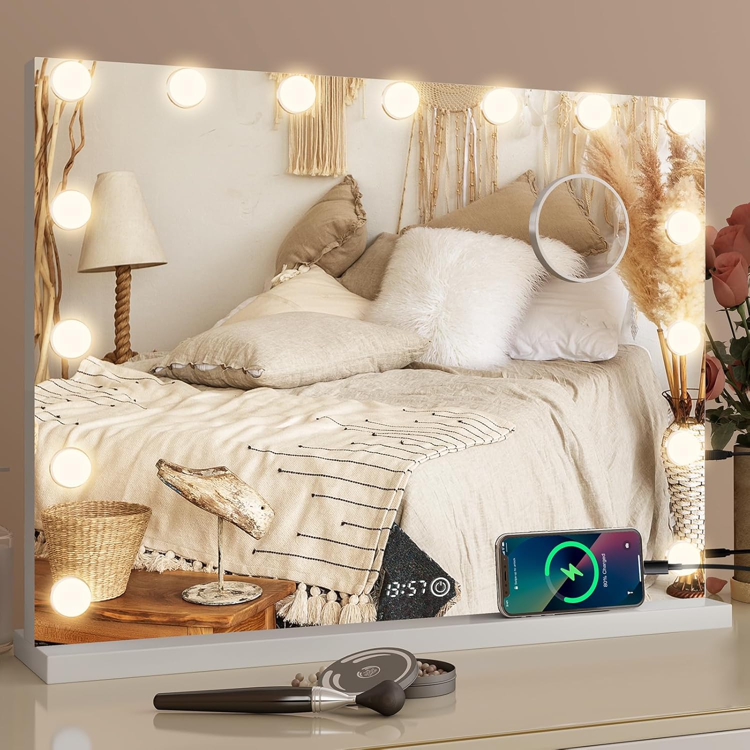 YU YUSING Specchio Trucco con Luci Hollywood, 58X45cm Specchio 15 Lampadine Led Trucco USB, 3 Temperature di Colore, Specchio da Tavolo 10X, Specchio Cosmetico da Parete, Controllo Tattile, Bianco
