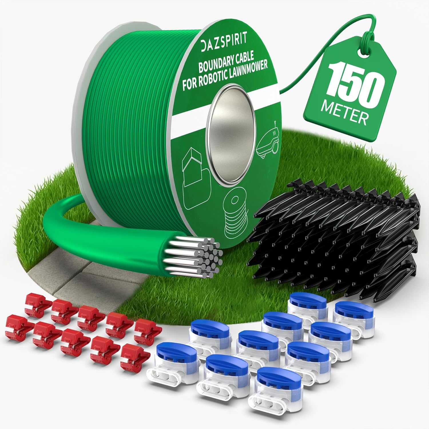 DazSpirit 100 m Perimeter Cable for Robot Lawnmower + 50 Pegs + 10 Connectors, 10 Connection Terminals, Accessory Kit for Electric Lawnmower, Compatible with Gardena Bosch Husqvarna USW