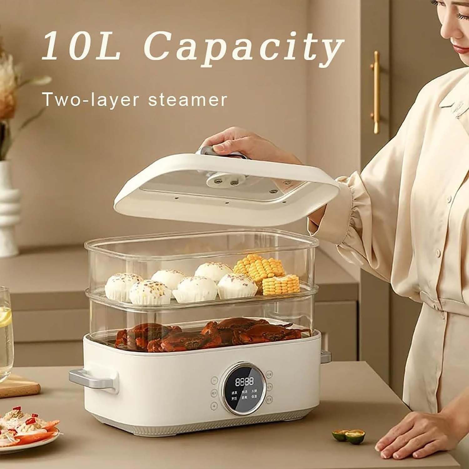 Electric Steam Pot, 1350W Electric Steamer, 10 Litres with 2 Stainless Steel Steamers + 2 Ceramic Lining for Soup Ravioli, 24 Hours Booking, for Soup Ravioli