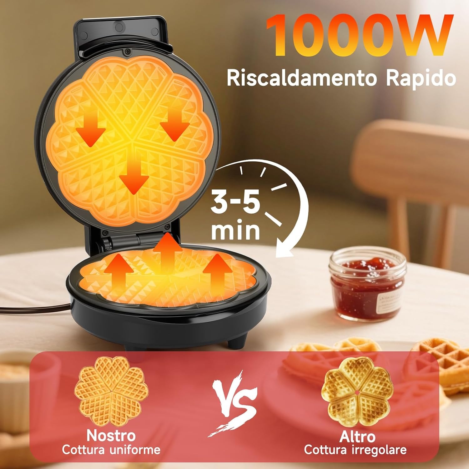 Aigostar Macchina per Waffle a 5 Cuori, 1000W, Piastre Antiaderenti da 19 cm, Cottura Regolabile, Indicatore LED, Maniglie Antiscottatura, Design Compatto in Acciaio Inossidabile, BPA FREE, Crunchy