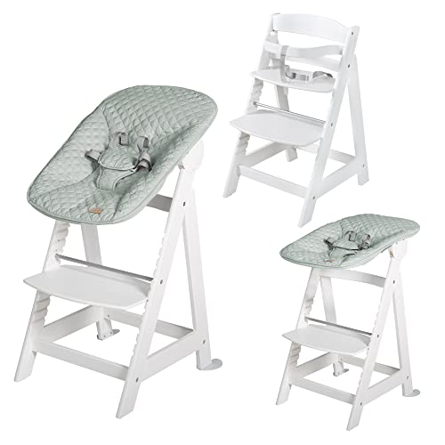 roba Seggiolone Evolutivo Born Up 2in1, Sdraietta roba Style Verde Ghiaccio Reclinabile, Fodera Impermeabile, Altezza Regolabile, Robusto e Resistente, Ergonomico, fino ai 70 kg, Legno Laccato Bianco : Prima infanzia