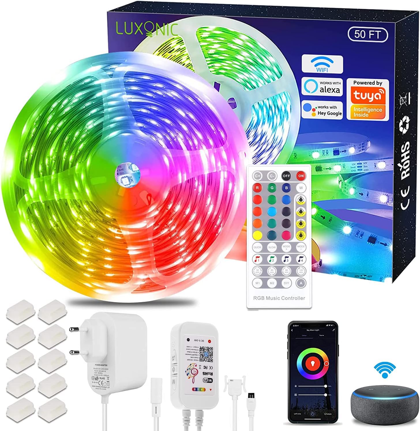 LUXONIC Striscia LED WiFi 30m(2×15m) 24V 5050 RGB, Sincronizzazione Musicale Controllata da APP per Smartphone Controllata, Funziona con Alexa Google Assistant, Strisce LED per Natale, Matrimoni,Feste