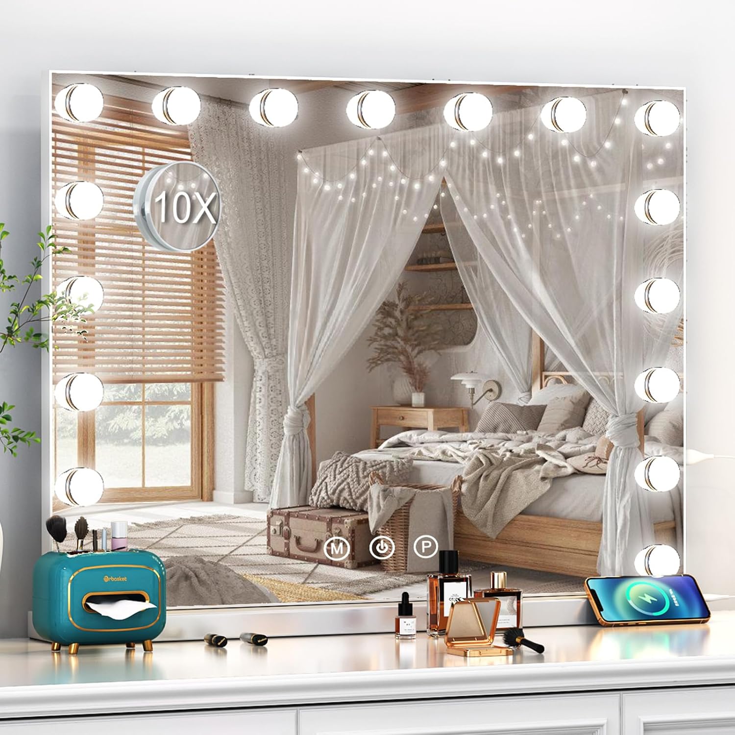 Specchio Trucco con Luci, Specchio Hollywood da Tavolo con 17 Lampadine LED, 3 colori di illuminazione, Specchio da trucco con USB e ingranditore 10x, Installazione su tavolo e a parete - 60*52.5cm