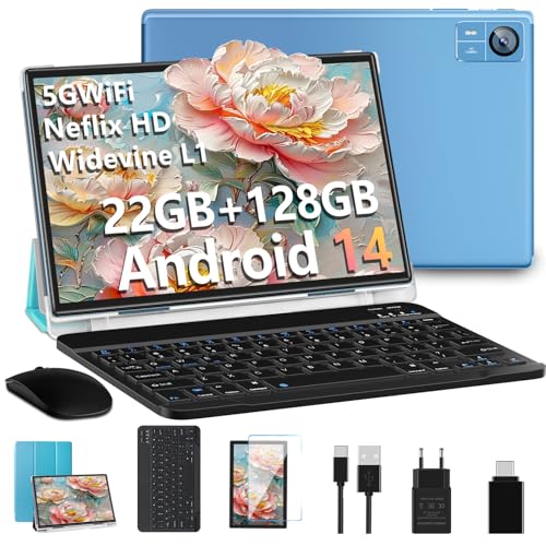 Tablet 2025 Tablet da 10 pollici, Android 14 Octa Core con 22 GB RAM 128 GB ROM (1 TB TF), 5 G 2.4G WiFi, Bluetooth 5.0, 8000mAh, WiFi 6, 8 MP 5 MP, Widevine L1, Tablet Touch con tastiera| Mouse Blu : Informatica