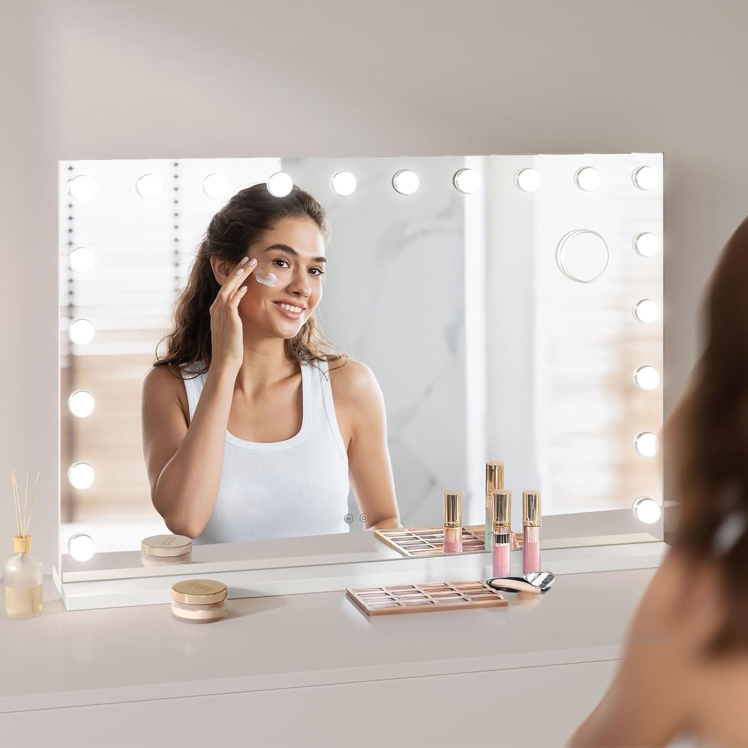 Moziel 90x60cm Specchio da Trucco Hollywood, Specchio Trucco con Luci a 20 Led Montato a Parete o sul Tavolo, 3 Colori di Luce e Funzione di Luminosità Regolabile