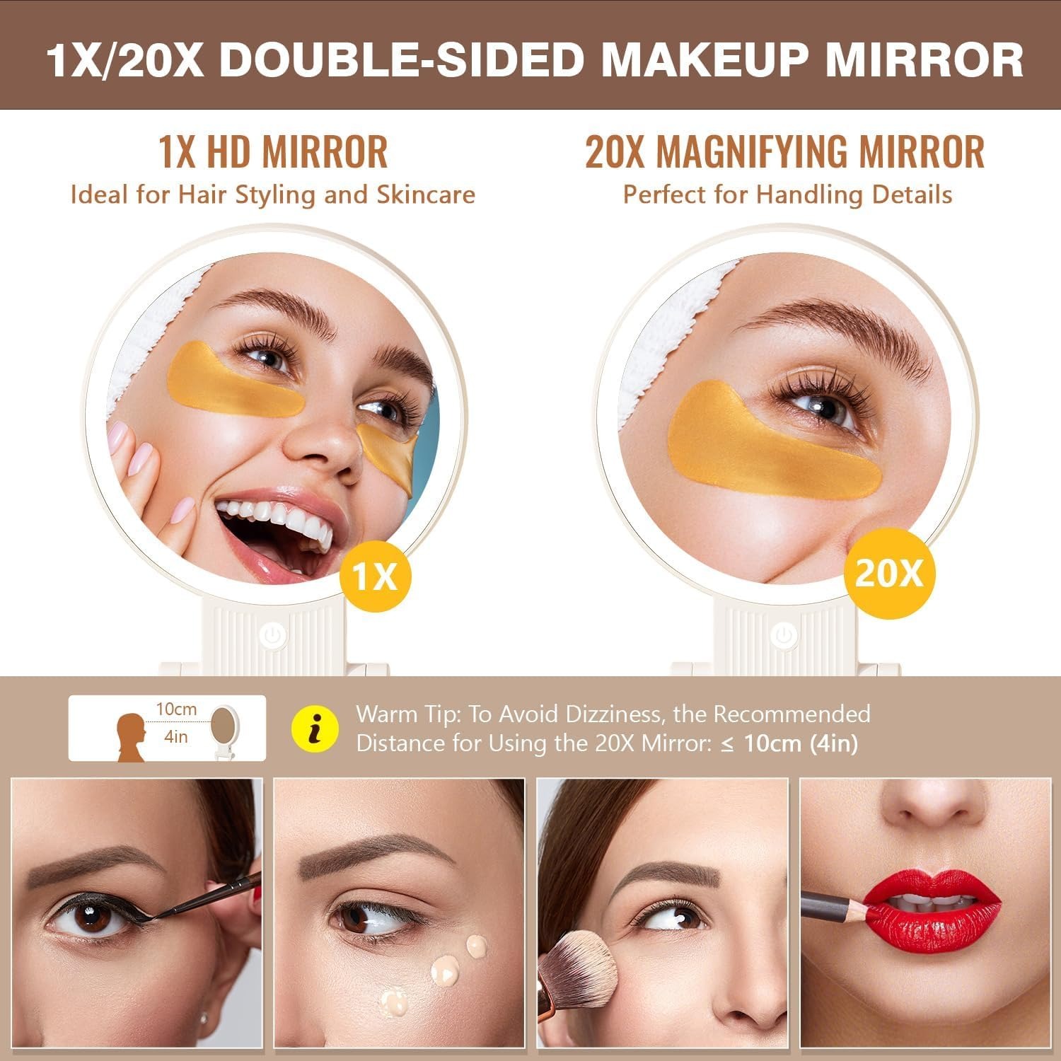 Auxmir Specchio Trucco con Luci LED, Specchio Ingranditore 30X/1X a Doppio Lato, Luminosità Regolabile a 3 Colori, Specchio da Tavolo Pieghevole con Foro per Appendere, Ricaricabile e Portatile