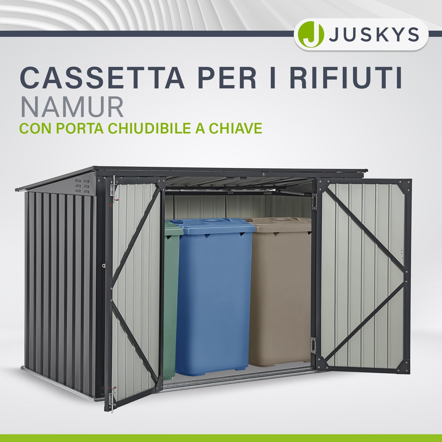Juskys Contenitore per bidoni dei rifiuti da 3 pezzi Namur 3 bidoni da 120 litri - 2m虏 - 2 porte - Rivestimento contenitore rifiuti metallico Cassonetti per rifiuti Casetta per bidoni Contenitore