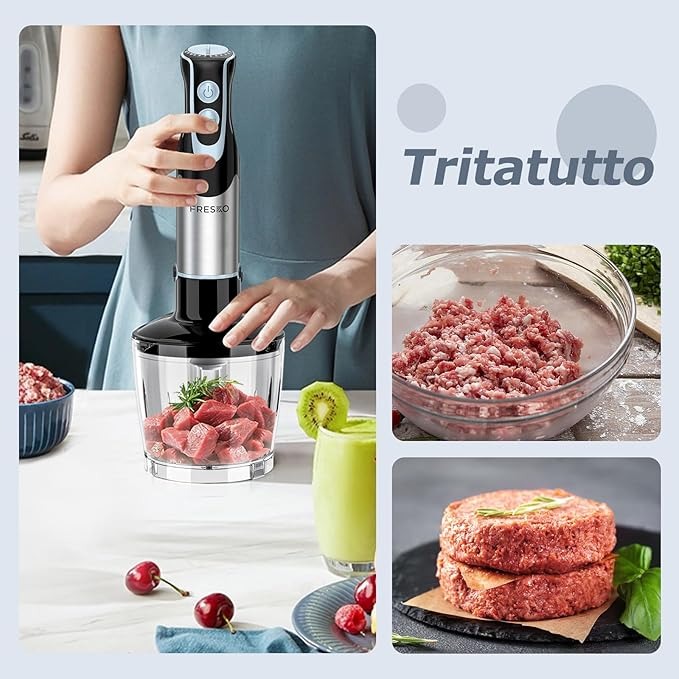 FRESKO Frullatore a Immersione 4-in-1, 1000 W Minipimer Immersione in 304 Acciaio Inossidabile, con 12 Velocità e Modalità Turbo, Antispruzzo Design, Include Misurino, Tritatutto e Frusta (HB3302)
