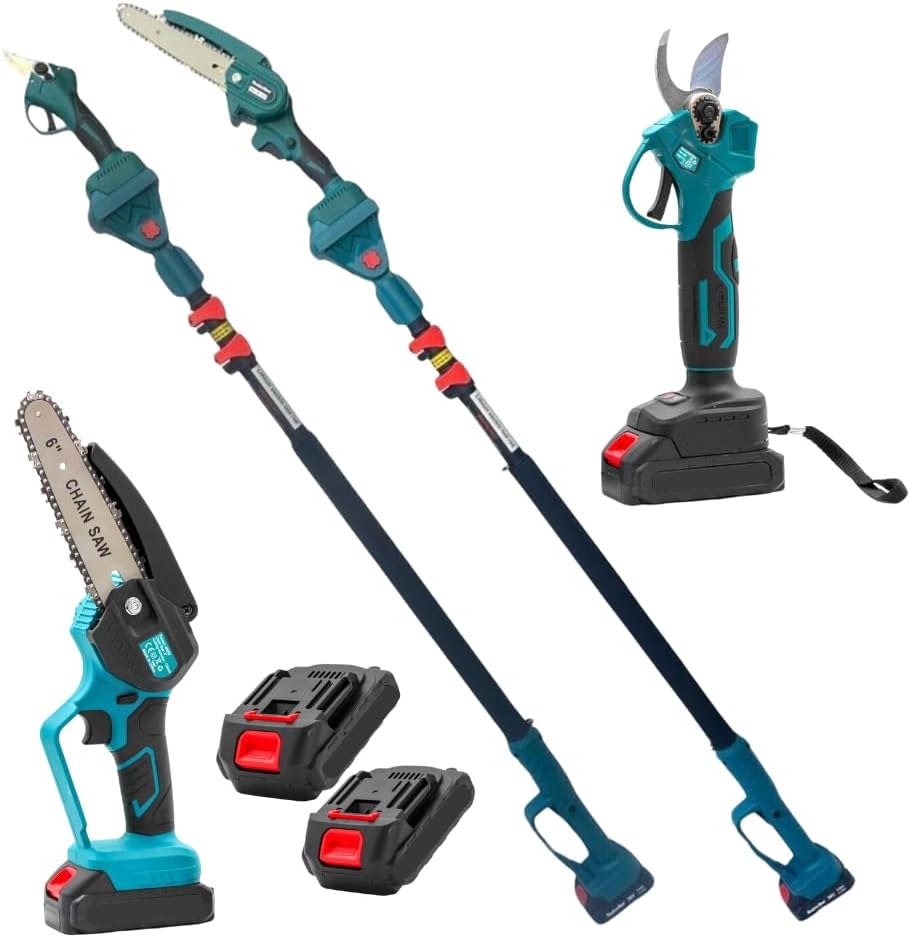 GO LOGISTIC SRL Cordless Pruning Scissors, Battery Powered Chainsaw 6 Inches Included + Telescopic Rod 128-248 cm, 3 in 1 Kit, Electric Shears for Pruning Garden Branches Shrubs Vineyard