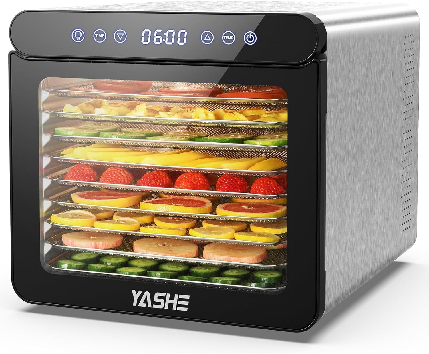YASHE Essiccatore Alimentare, Disidratatore da 800W con Display a LED, Temperatura Fino a 75℃ e Timer 48H, 9 Vassoi in Acciaio Inox, 9 Setacci a Rete, 1 Vassoio per Frutta