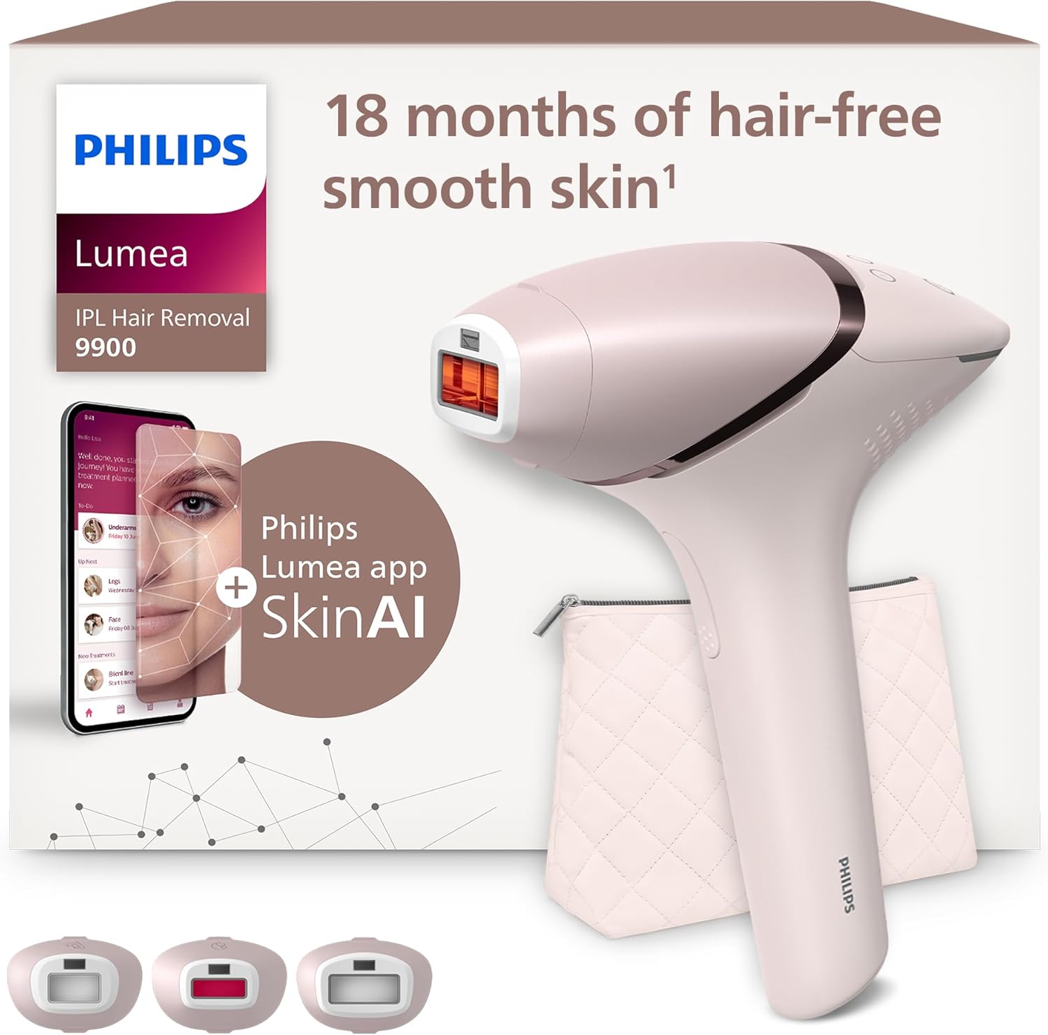 Philips Lumea Series 9900, dispositivo di epilazione IPL con tecnologie SenseIQ e SkinAI, 4 accessori per viso, corpo, ascelle e zona bikini, con filo e senza filo, modello BRI951/00