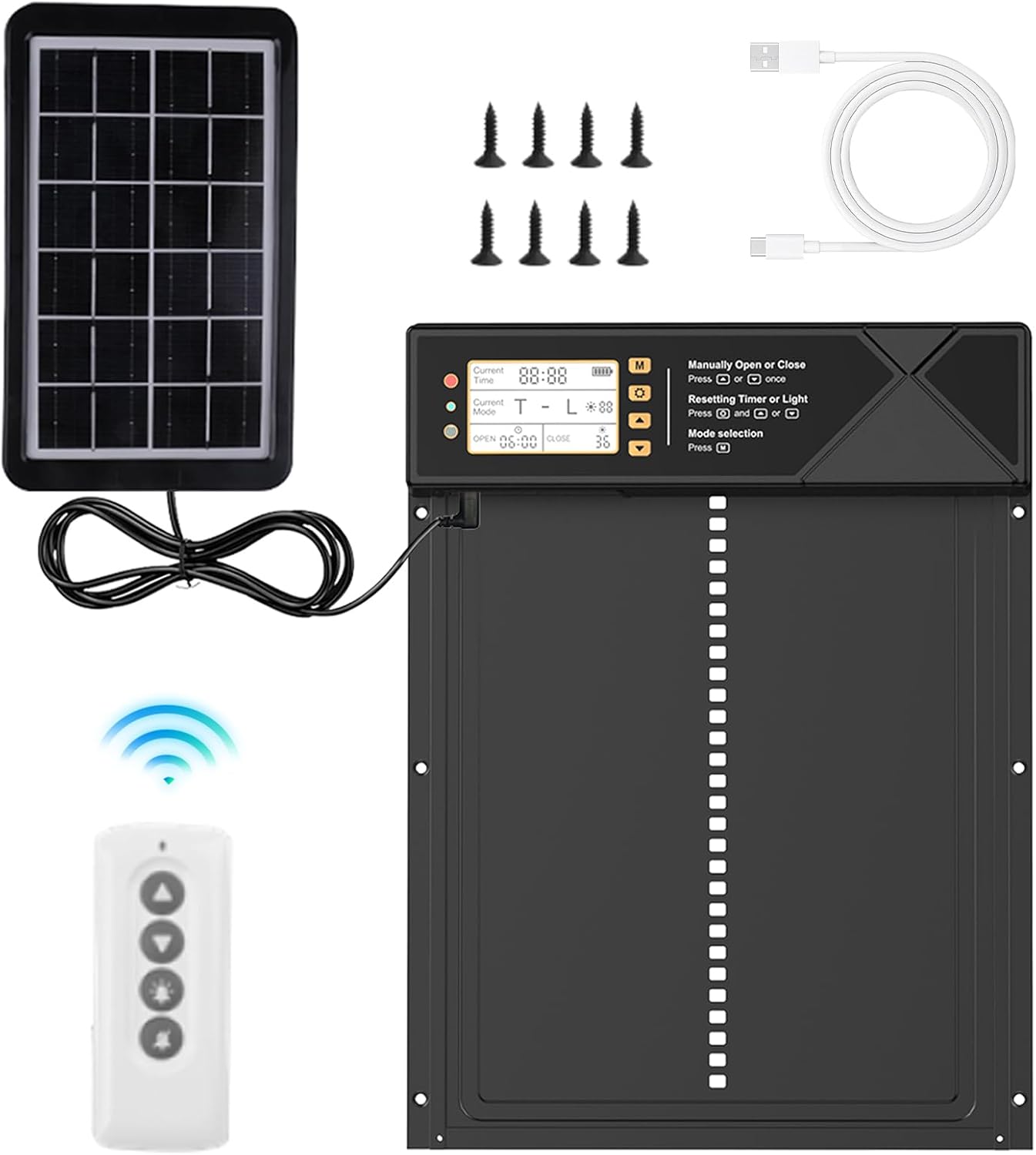 Porta automatica per pollaio solare, apriporta elettrico per pollaio, con display impermeabile, con design anti-pizzicamento, con sensore di luce, con telecomando, con temporizzazione
