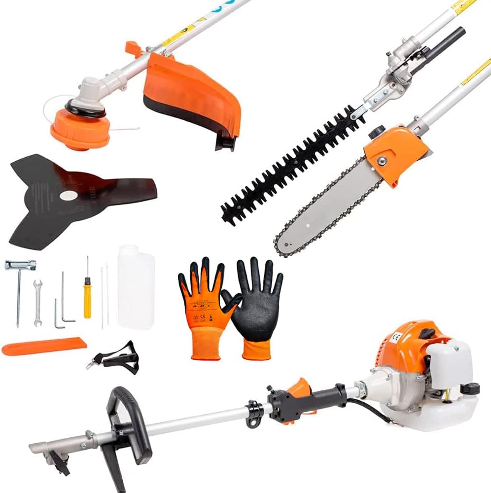 AMC Multifunctional Petrol Brush Cutter 4 in 1 Hedge Trimmer and Chainsaw 52cc 2 Stroke Engine Includes Double Wire Head and Three-Teeth Steel Disc