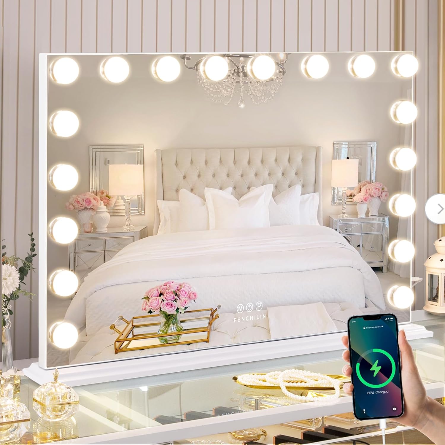 FENCHILIN Makeup Mirror with Lights Makeup Mirror with 15 LED Bulbs USB-C&A Charging Port Wall Makeup Mirror Touch Control Table 3 Colour Temperatures Hollywood Mirror 58 x 46 cm