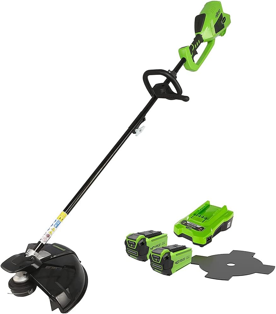 Greenworks 40V Decespugliatore a Batteria con motore Brushless, Imbracatura, Altezza Regolabile, Ampiezza Taglio 40cm, Filo Nylon 2mm, Lama 25cm, 2 Batterie 40V e Caricabatterie GD40BCK2X