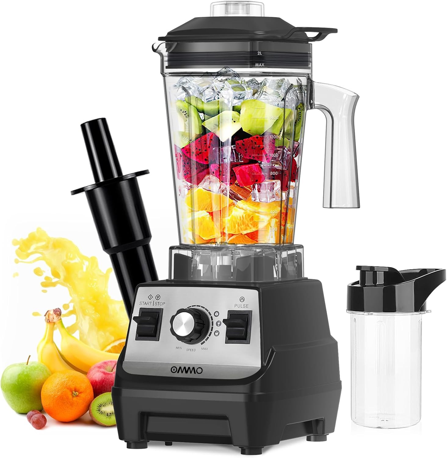 OMMO Professionale Frullatore 1800W, 1.8L Frullatore per Frullati e Smoothie, 1 Bottiglie Sportive da 300 ml, Regolazione libera della velocità, Lavabile in lavastoviglie, 24000 giri/min, senza BPA