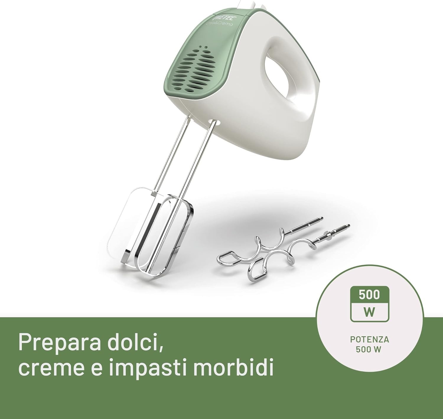 Imetec Crea&Crema sbattitore elettrico, Fruste extralunghe per impasti dolci e panna montata, Ganci acciaio inox per impastare, 5 velocità, Funzione turbo, Design ergonomico, 500 w