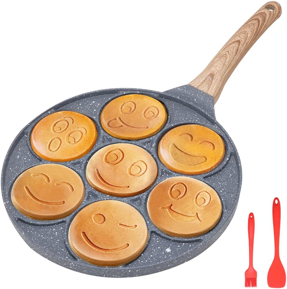 Bobikuke Smile Pancake Pan, Non-Stick 7 Holes Pancake Pan Omelet Pan Breakfast Plate for Children 26 cm – Black