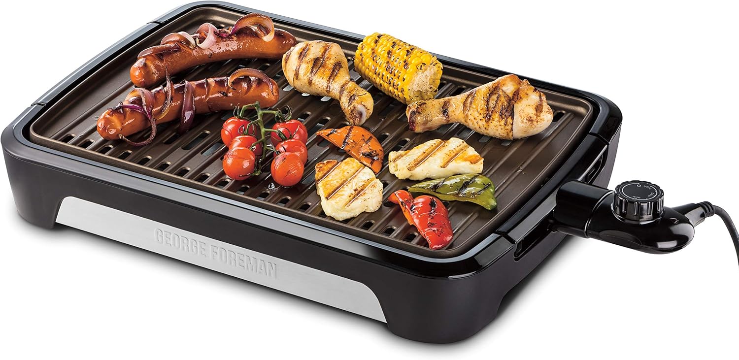 George Foreman Electric Table Barbecue - Smokeless - 80% Less Smoke - Table Grill, Dishwasher Safe, Grease Tray; Vertical Storage Option,25850-56