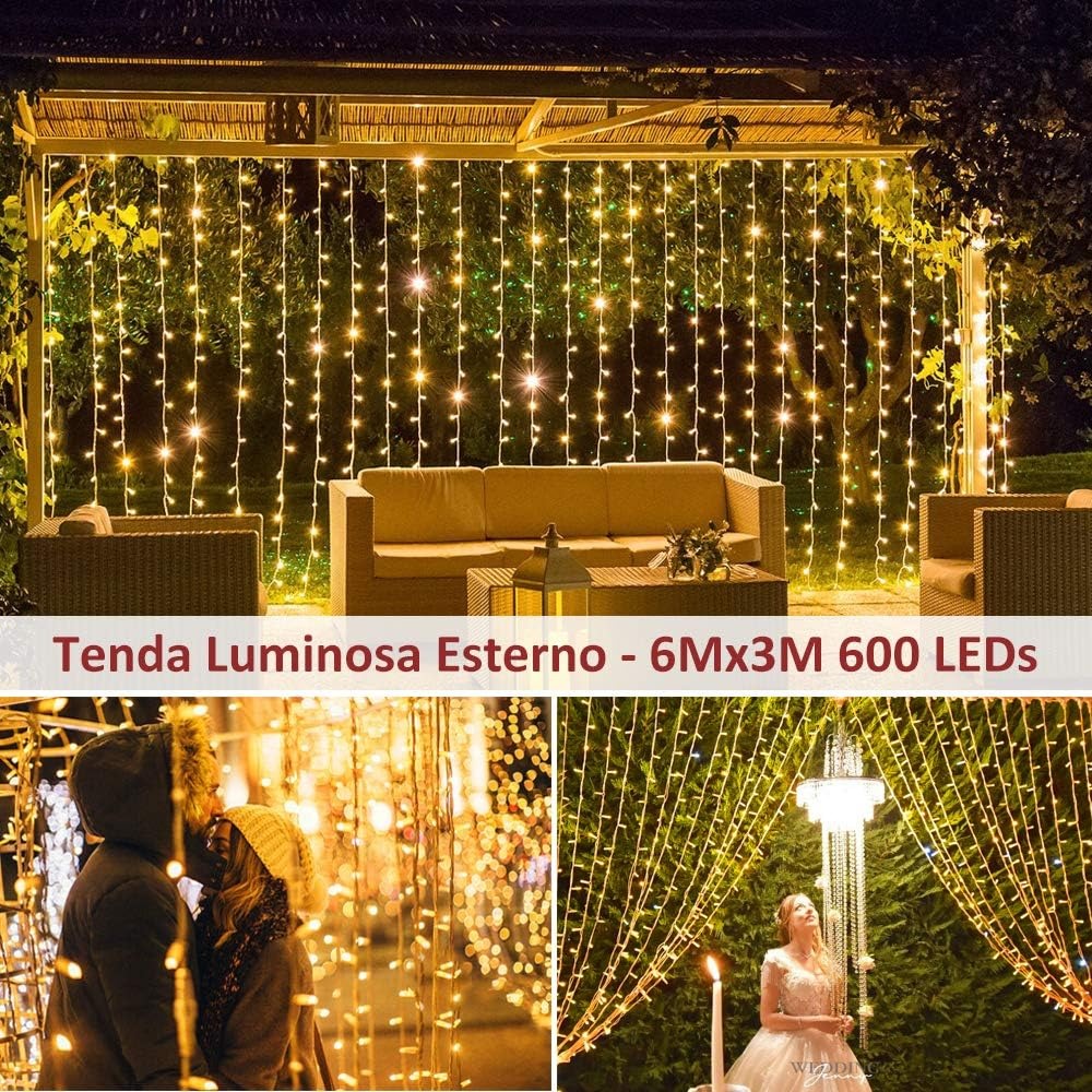 Zorela 600 LED 6Mx3M Tenda Luminosa Natale Esterno Interno Prolungabile Luci di Natale IP44 Impermeabile con 8 Modalità Tenda Luci Esterno per Natale, Giardino e Matrimonio [Classe di efficienza energetica E]