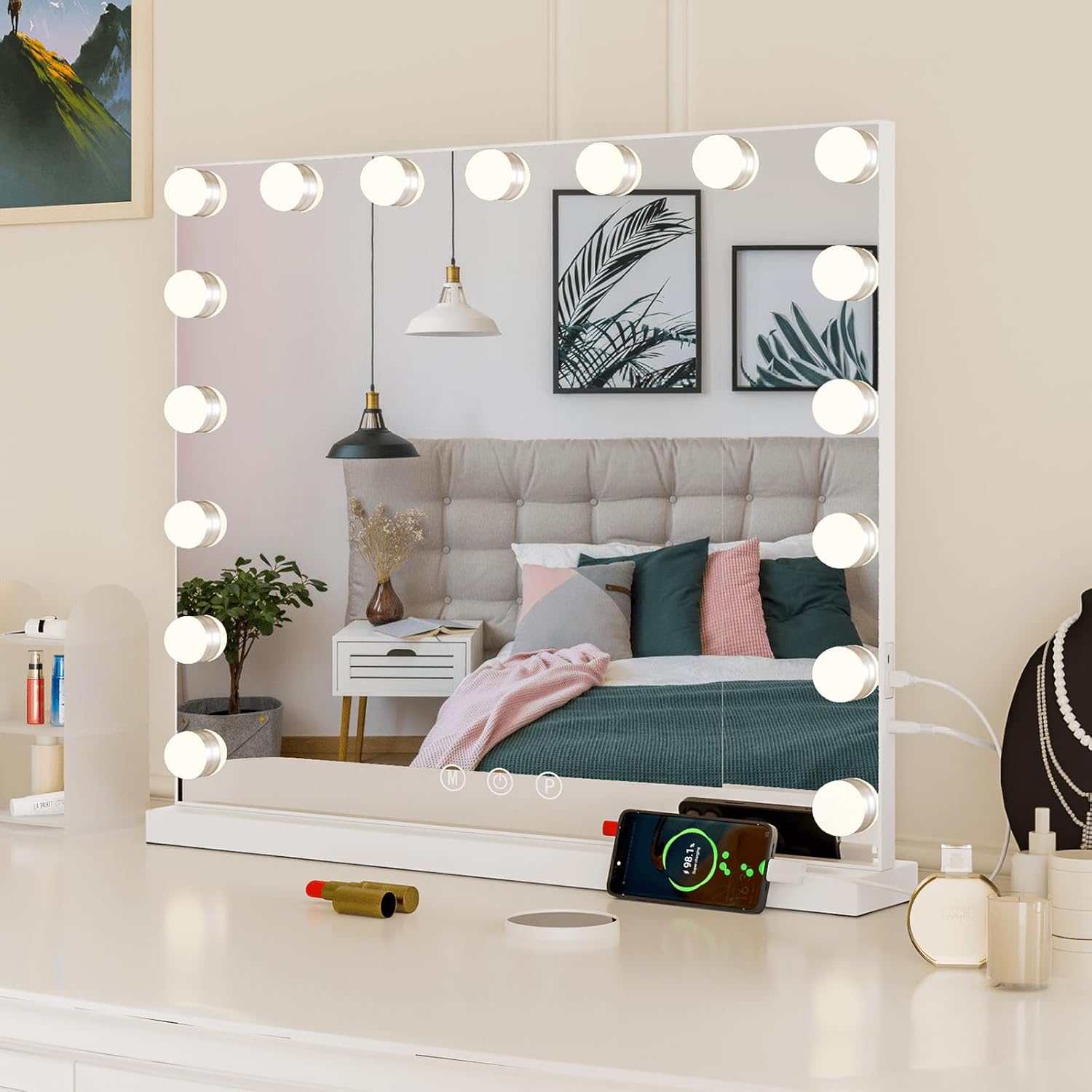 Teousev Hollywood Specchio Trucco con luci, Specchio Trucco con 14 lampade LED, Illuminato Specchio da Tavolo con 10x ingrandente, 50x40cm