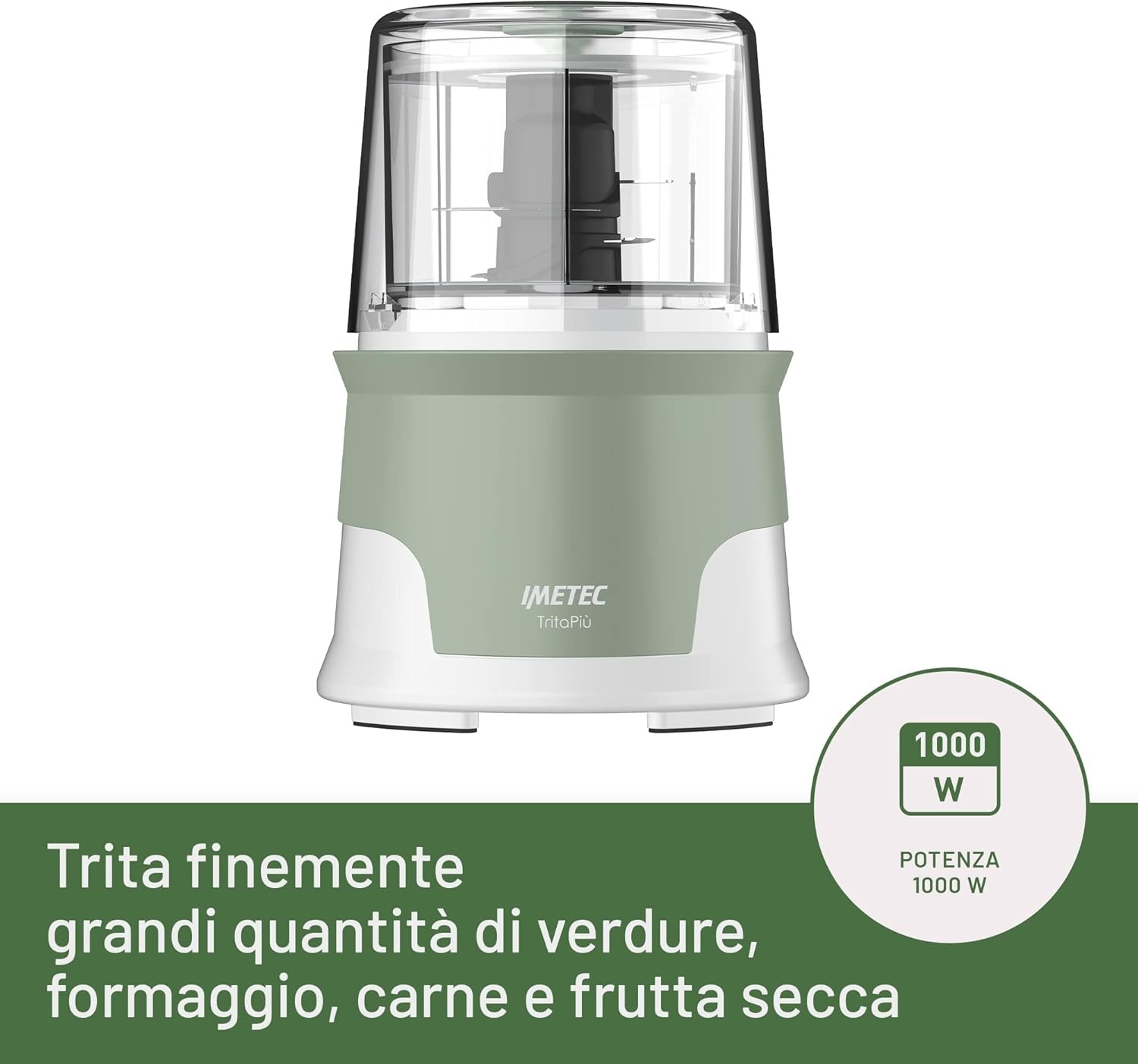 Imetec Tritapiù tritatutto, 4 lame in acciaio inox, Capiente contenitore 600 ml, 18.000 giri/min, Funzionamento a pressione, 1000 w, Materiali bpa free