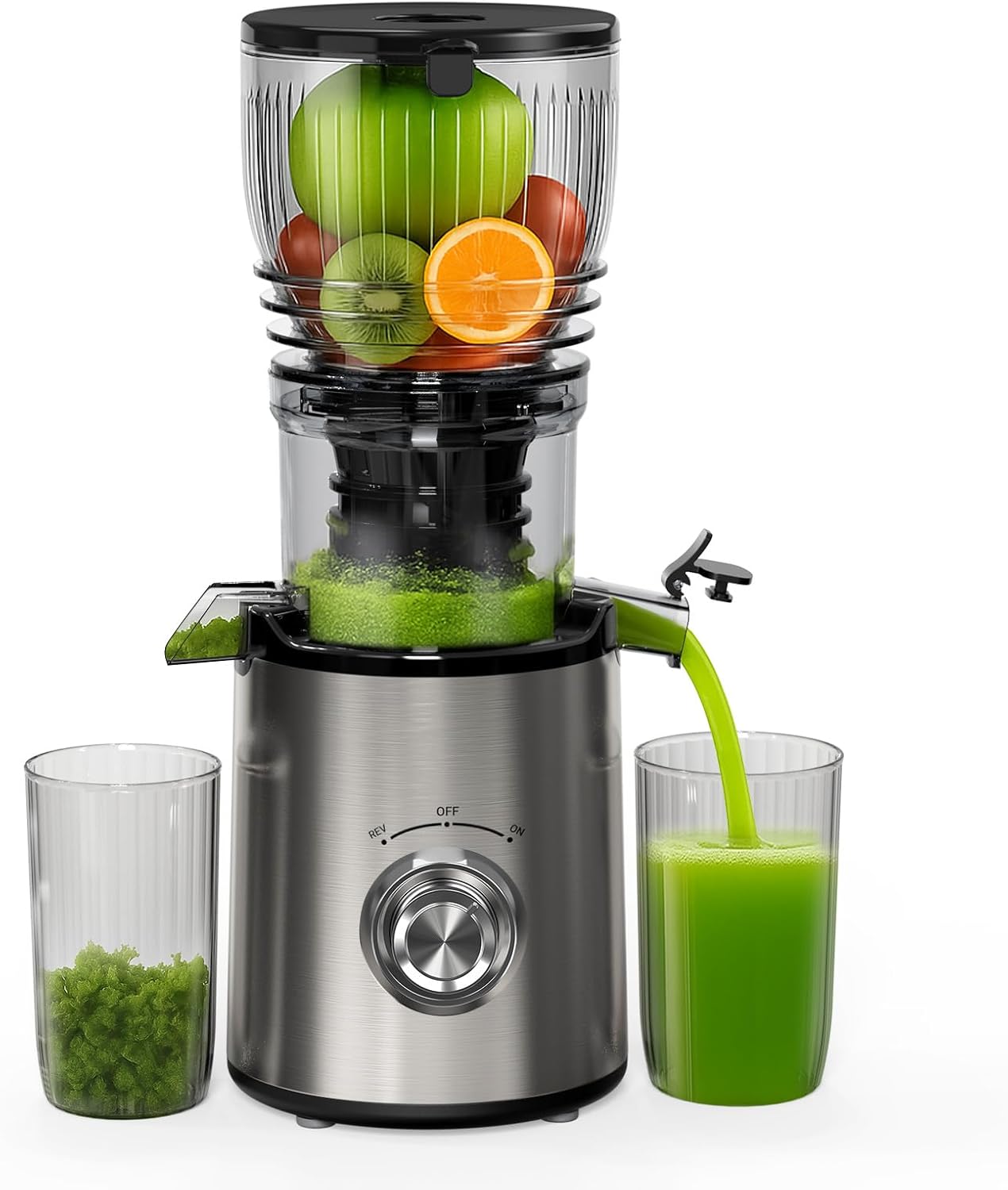 Estrattore Frutta e Verdura, Apertura da 148mm Estrattore di Succo, 300W Centrifuga Lenta, 2L Capacità, BPA Free, Facile da Smontare e Pulire, Funzione di Inversione, con Spazzola e 2 Tazze
