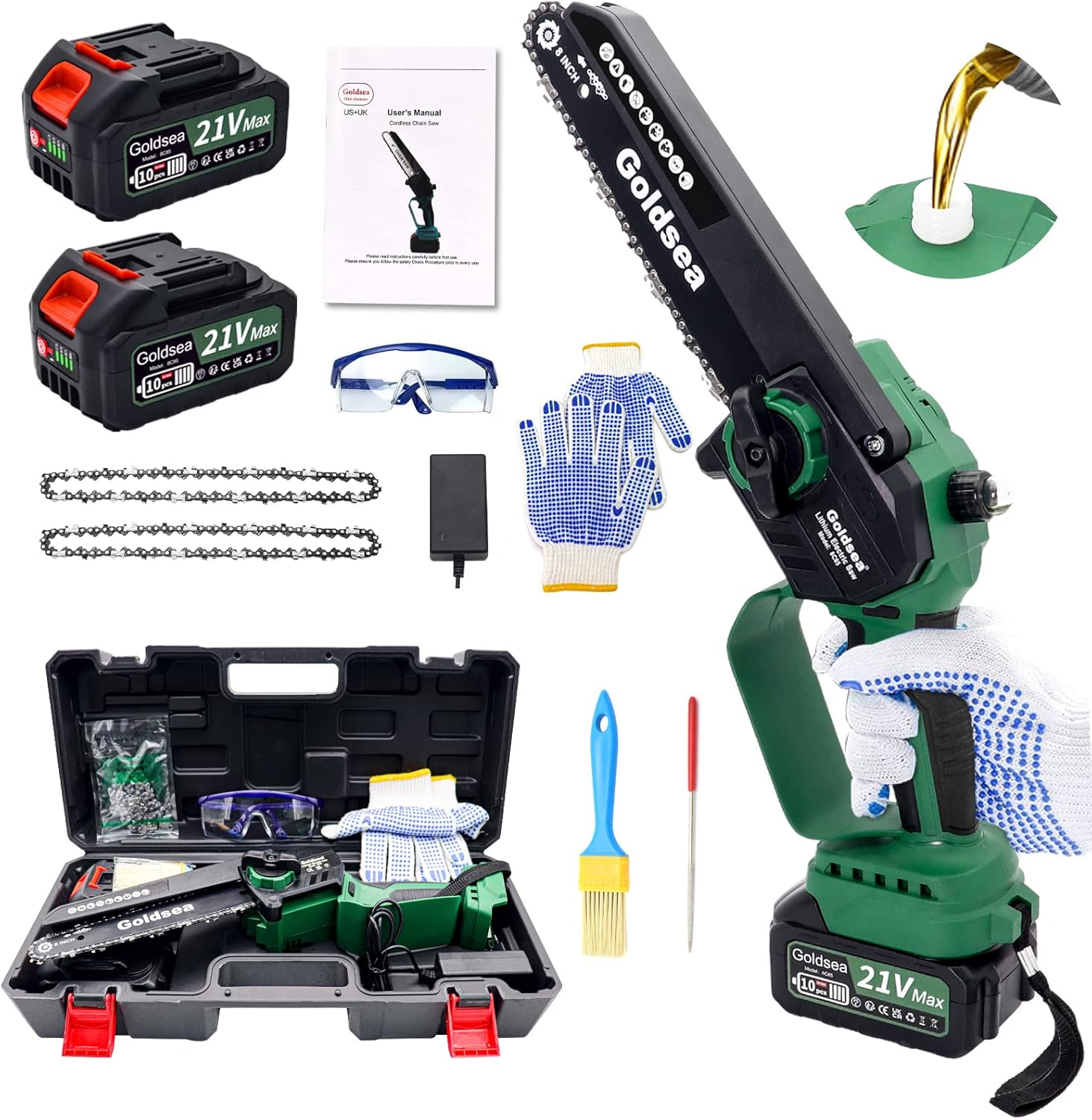 Mini Motosega a Batteria, 8 Pollici Motosega a Batteria per Potatura con 8000mAh Batterie, Goldsea Sega a Batteria per Potatura con Motori Brushless per il Giardinaggio Potatura Albero Taglio del