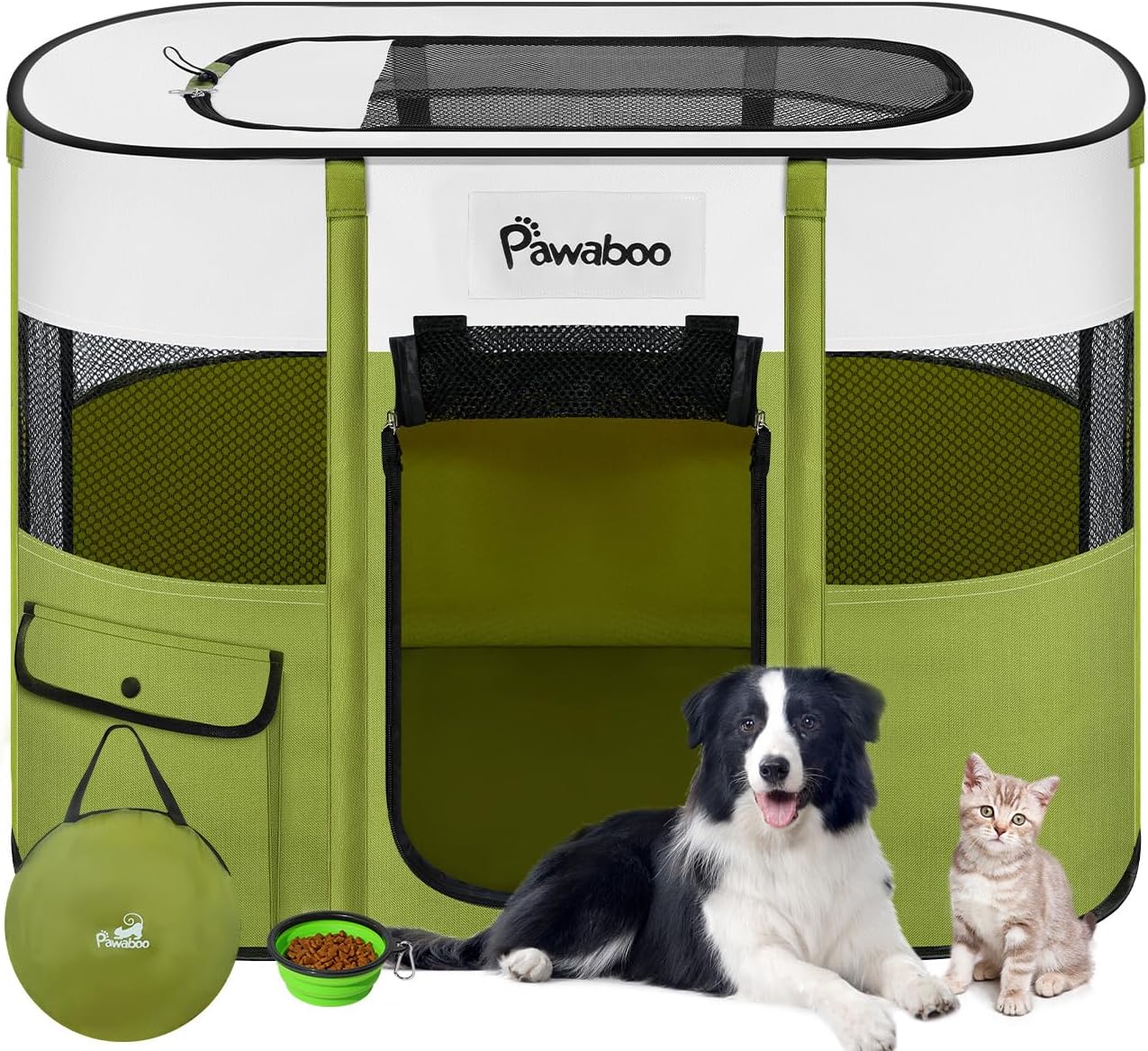 Pawaboo Gabbie per Animali Pieghevole, Recinto per Animali Domestici in Telo Oxford Impermeabile con Rete, Tenda da Gioco per Gatti Cani Cuccioli Portatile per Interno o Esterno, Verde Avocado L