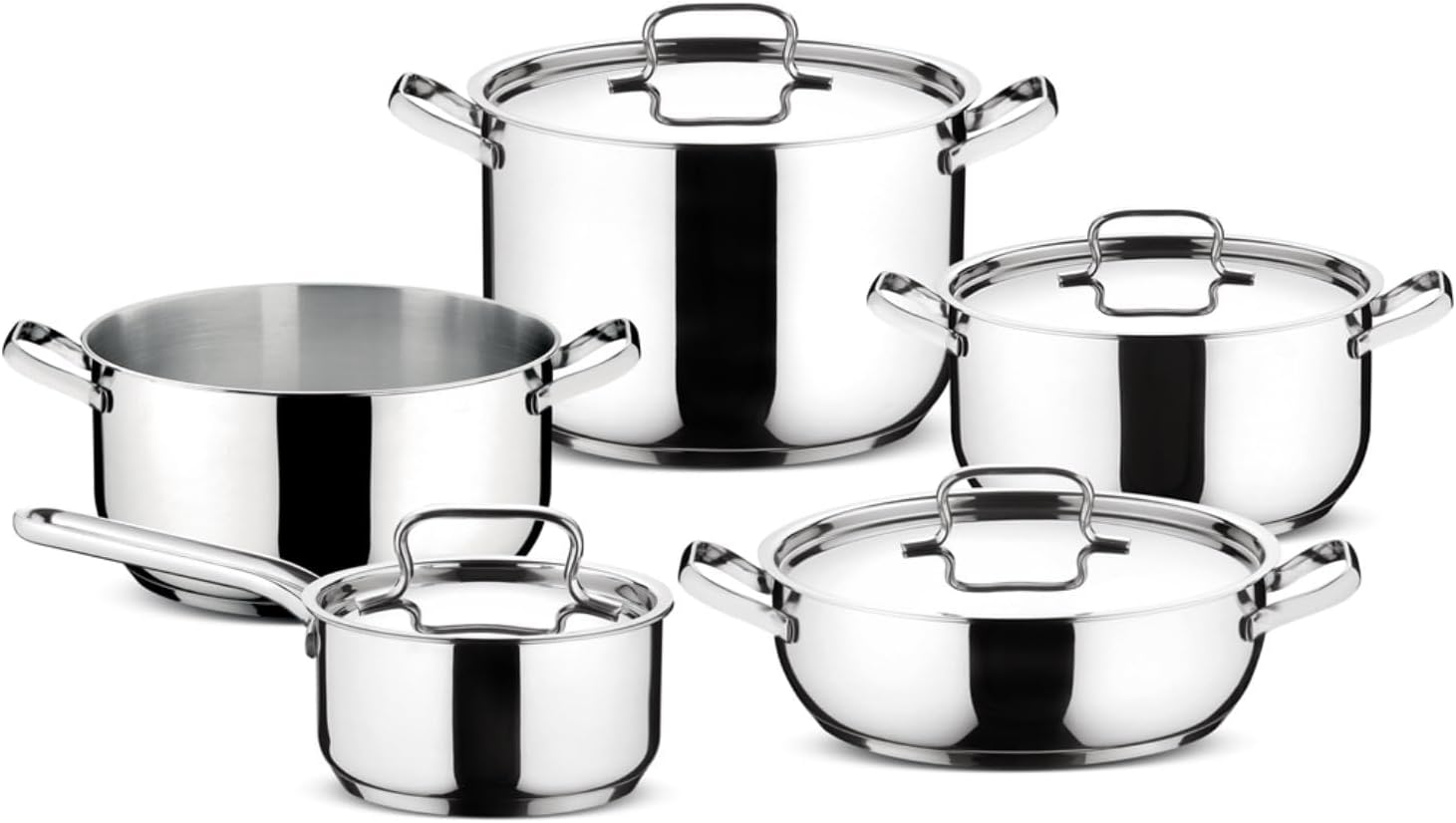 Lagostina Delicious Induction, Gas and Oven Set in 18/10 Stainless Steel, 24 Pieces, Lagoseal Plus Fund, with 5 Casseroles, 3 Pots, Milk Pans, 8 Lids, 7 Kitchen Utensils