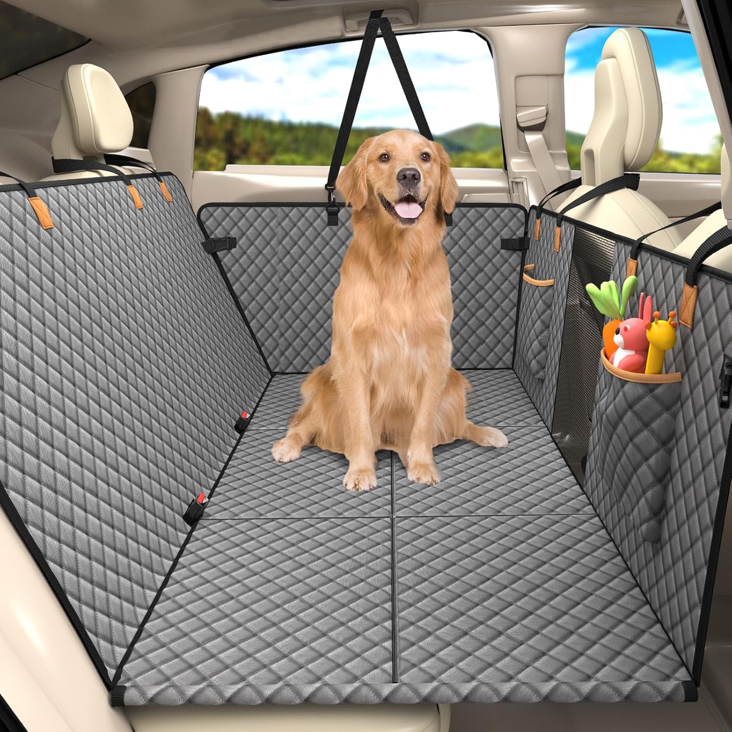 Lekeinchi Coprisedile Auto per Cani, Estensore Telo Auto per Cani Sedile Posteriore con 6 Tavole in Legno Duro e Cinture di Sicurezza, Impermeabile, Antigraffio per Auto, SUV, Nero