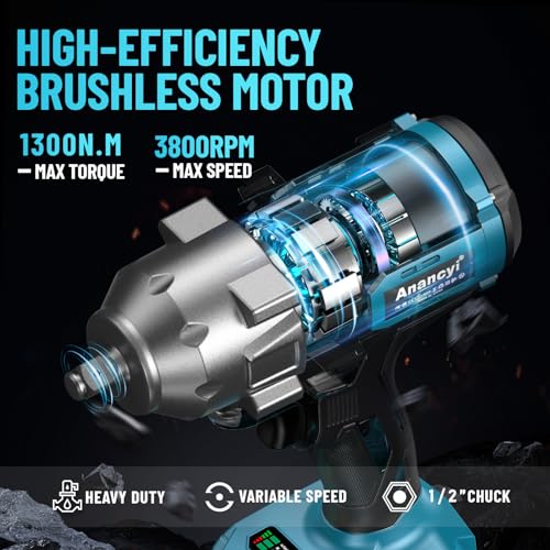Anancyi Avvitatore a percussione a batteria, 1300 Nm, coppia regolabile per camion, 1/2 pollici, motore senza spazzole, 2 x 4,0 Ah, 6 bussole (17/19/21/22/24 mm, asta di prolunga da 5 pollici) : Amazon.it: Fai da te