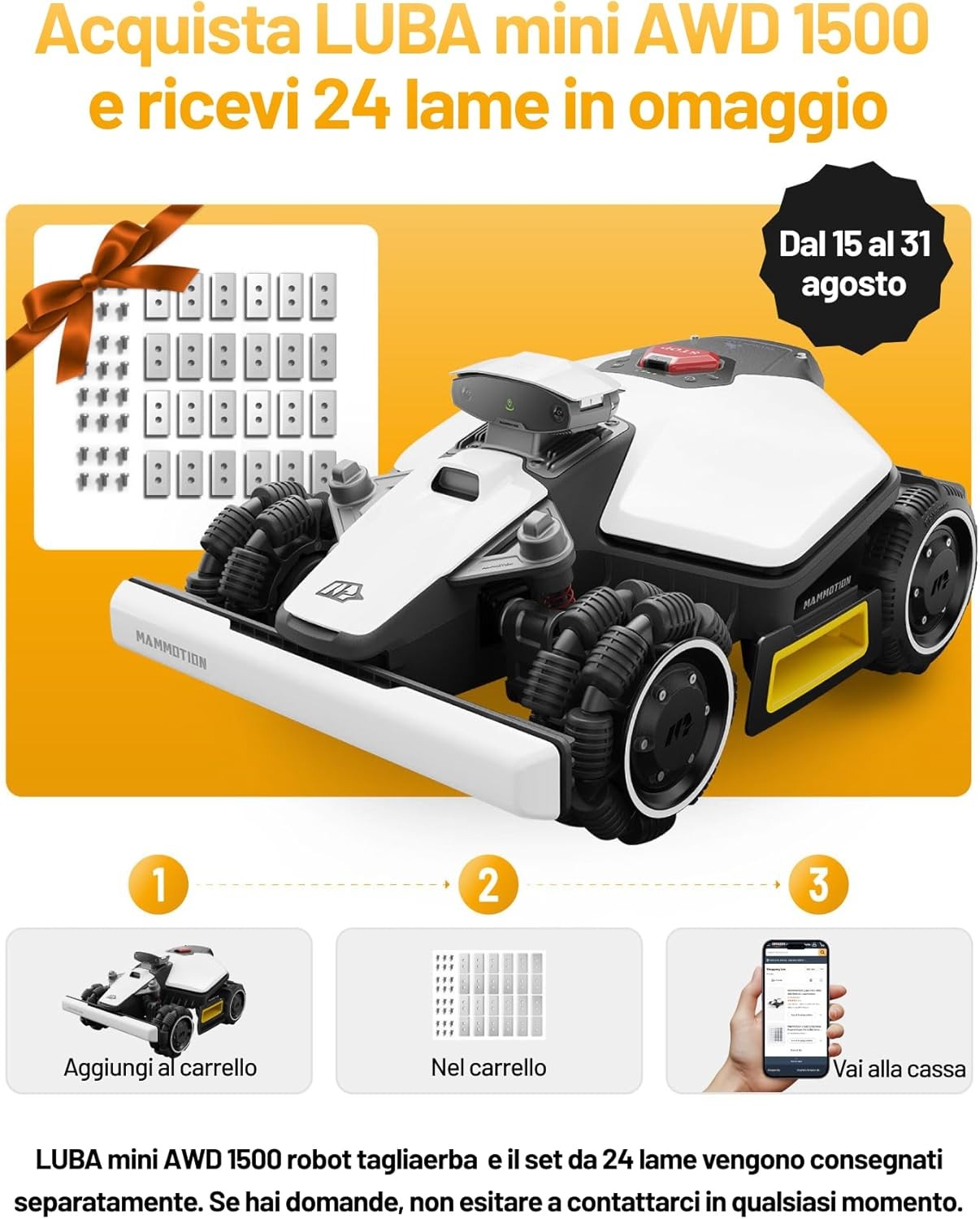MAMMOTION LUBA mini AWD 800 Robot Tagliaerba Senza Filo Perimetrale, Consigliato 800m², Max. 1000m², Mappatura Automatica Visione AI 3D, Pendenze 80%, Altezza di Taglio 20-65mm, con Modulo 4G