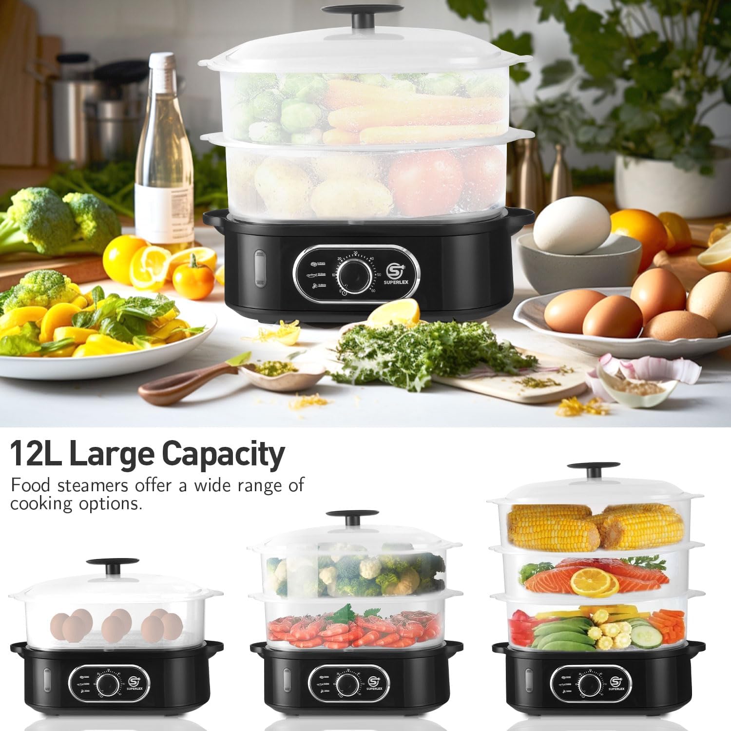 SUPERLEX 3 Tier Electric Steamer, 12L Vegetable Steamer, 3 Removable Bowls and Lid, 60 Minute Timer, Auto Shutdown, BPA Free