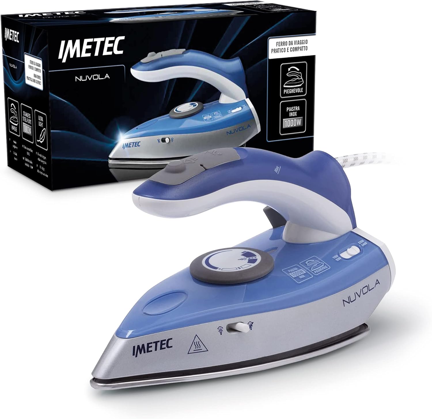 Imetec Nuvola 2.0 - Travel Steam Iron - Stainless Steel Plate - 1000 Watt - Compact and Lightweight - Folding Handle - Travel Case - Double Voltage - Steam Shot 80 g
