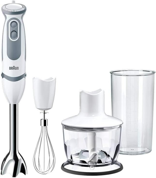 Braun MultiQuick5 Vario MQ5235WH MINIPIMER CON 5 ANNI DI ASSISTENZA, Frullatore, 21 velocità, Dotato di tritatutto da 500ml, frusta e Bicchiere da 600ml, Potenza 1000W, 3 accessori, bianco/grigio [Classe di efficienza energetica A]